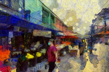 Obraz na płótnie Canvas Landscape of the fresh market in the provinces of Thailand Illustrations creates an impressionist style of painting.
