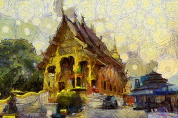 Ancient temples, art and architecture in the northern Thai style Illustrations creates an impressionist style of painting.