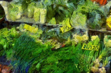 Landscape of the fresh market in the provinces of Thailand Illustrations creates an impressionist style of painting.