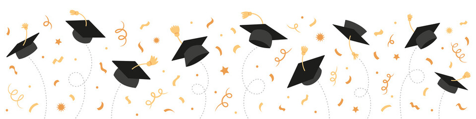 Graduation Class of 2021 with black graduate caps and gold confetti, ribbon. University, college school education vector background.