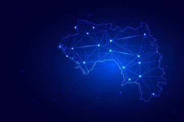 Abstract Map of Guinea from polygonal blue lines and glowing stars on dark blue background. Vector illustration eps10