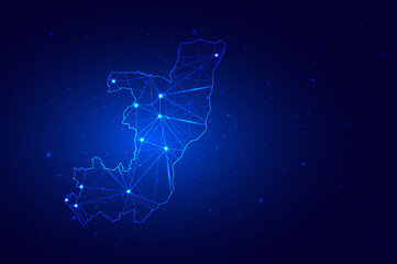 Obraz na płótnie Canvas Abstract Map of Republic of the Congo from polygonal blue lines and glowing stars on dark blue background. Vector illustration eps10