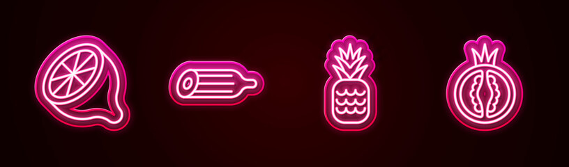 Set line Lemon, Fresh cucumber, Pineapple and Tomato. Glowing neon icon. Vector