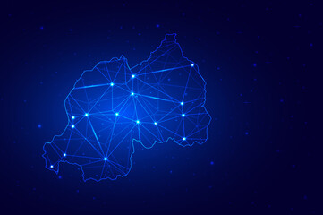 Abstract Map of Rwanda from polygonal blue lines and glowing stars on dark blue background. Vector illustration eps10
