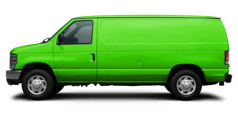 Modern American cargo minibus green color side view. Isolated on a white background.