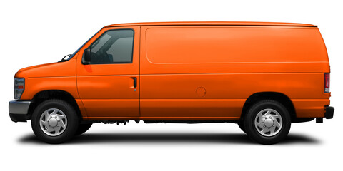 Modern American cargo minibus orange color side view. Isolated on a white background.