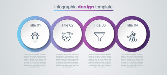 Set line Chemical explosion, Test tube and flask, Funnel or filter and Molecule. Business infographic template. Vector