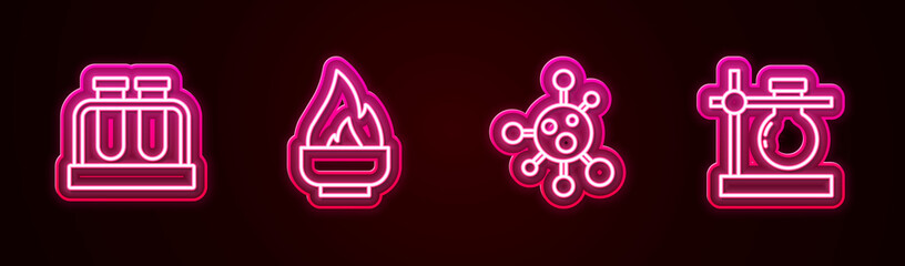 Set line Test tube and flask, Alcohol or spirit burner, Molecule and on stand. Glowing neon icon. Vector