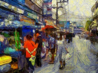 Obraz na płótnie Canvas Landscape of the fresh market in the provinces of Thailand Illustrations creates an impressionist style of painting.