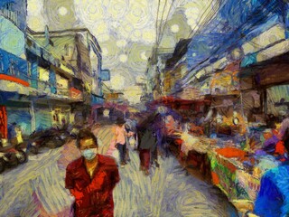 Landscape of the fresh market in the provinces of Thailand Illustrations creates an impressionist style of painting.