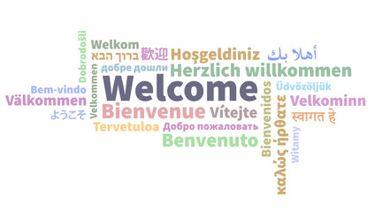 word WELCOME in different languages, greeting word cloud vector illustration