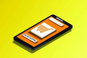 Online shopping via smartphone application,A shopping cart full of stuff on the smartphone,mobile phone and cart on orange background