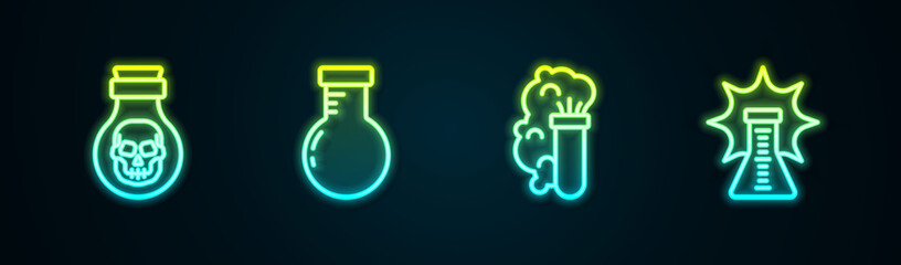 Set line Poison in bottle, Test tube and flask, Chemical explosion and . Glowing neon icon. Vector