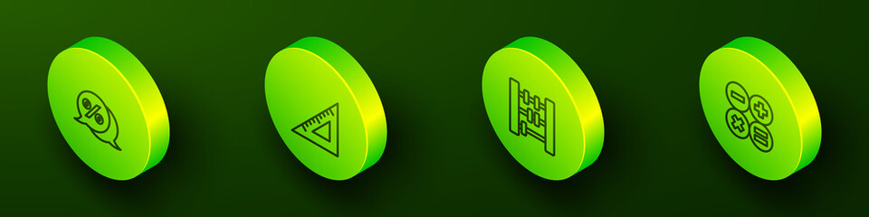 Set Isometric line Discount percent tag, Triangular ruler, Abacus and Calculator icon. Vector