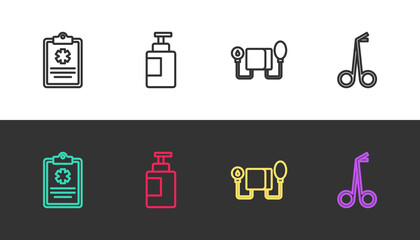 Set line Clinical record, Hand sanitizer bottle, Blood pressure and Medical scissors on black and white. Vector