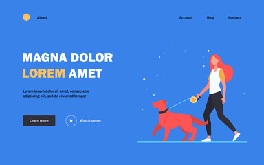 Young woman walking dog on leash. Girl leading pet in park flat vector illustration. Animal care, adoption, lifestyle concept for banner, website design or landing web page