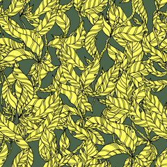 leaves on wooden twigs vector seamless pattern green