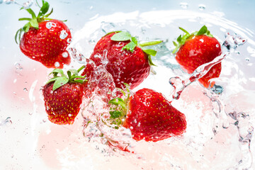 fresh natural strawberries on light background with splashing water