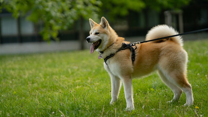 happy dog laying in grass in summer