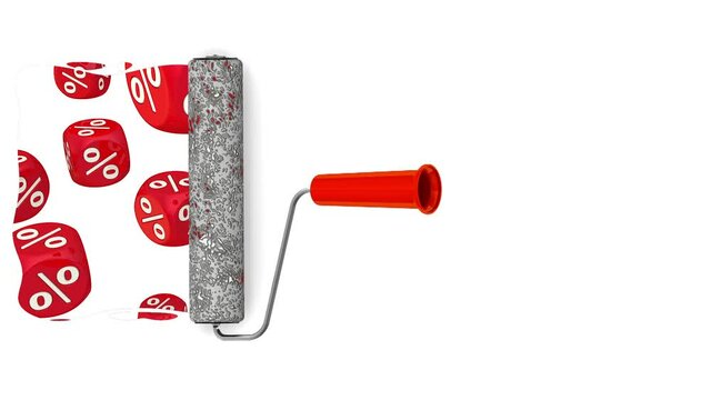 A paint roller is drawing the background with percentages. One paint roller is painting lots of red cubes whith percent symbols. Footage video