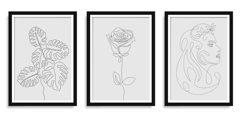 Line art drawings.Line art woman face drawing.Rose flower .Set of frames.Vector illustration.