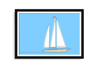Sailing yacht.Leisure and sea travel.Continuous line drawing of sailing boat .Picture framed.Vector illustration.