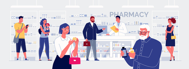 At the counter, a smiling pharmacist takes turns selling drugs to customers. Close-up: People in the pharmacy review the purchased medicines. Colored vector illustration in flat cartoon style. - obrazy, fototapety, plakaty