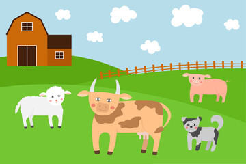 Cute farm animals with landscape. Cartoon domestic animals