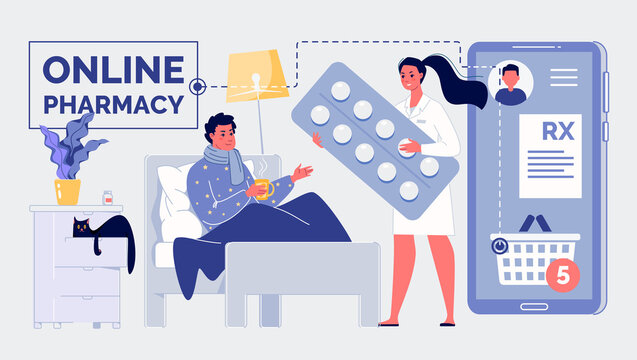 Online Pharmacy. Delivery of Medication to the Patient Home. On the Phone Screen, a Prescription Drugs and a Shopping Cart. Colored Vector Illustration in Flat Cartoon Force.