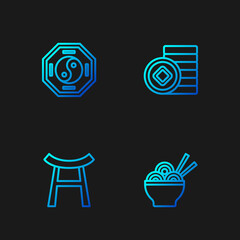 Set line Asian noodles in bowl, Japan Gate, Yin Yang and Chinese Yuan currency. Gradient color icons. Vector
