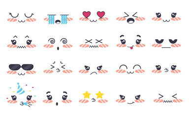 Vector Set Of Different Cartoon Faces. Kawaii cute faces. manga style eyes and mouths. Funny cartoon japanese emoticon in in different expressions, big set. Expression anime character and emoticon