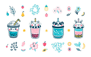 Vector Cute Bubble Tea set for Kids. Plastic Takeaway Cups with Funny Animals: Panda, Cat, Rabbit and Kawaii Face. Summer Pearl Milk Beverage and Fruits, Flowers, Leaves. Boba tea Drinks with Tapioca