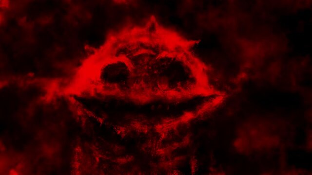 Scary thing skull with creepy smile. Dark 2D animation in horror fantasy genre. Dead demon face with open mouth. Spooky evil character head video clip. Red background color. Animated backdrop movie. 