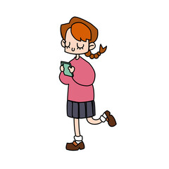 A cute pigtail girl using smartphone with black outline flat cartoon vector illustration isolated on white background. A pink sweater student girl playing game, wathching video or social media.