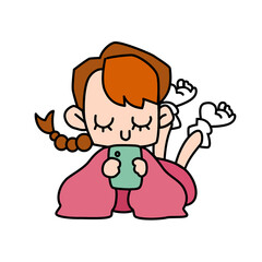 A cute pigtail girl using smartphone with black outline flat cartoon vector illustration isolated on white background. A pink sweater student girl playing game, wathching video or social media.