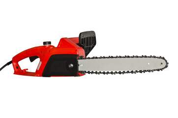 Electric chain saw , It is widely used in the process of logging, making the frame of roof structures, spring pruning, cutting trees ( isolated on a white background )