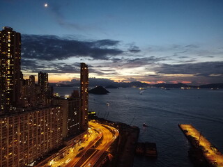 Shek tong Tsui pier in the Sai wan kennedy town area hong kong by the harbour ariel photo at sunset  - obrazy, fototapety, plakaty
