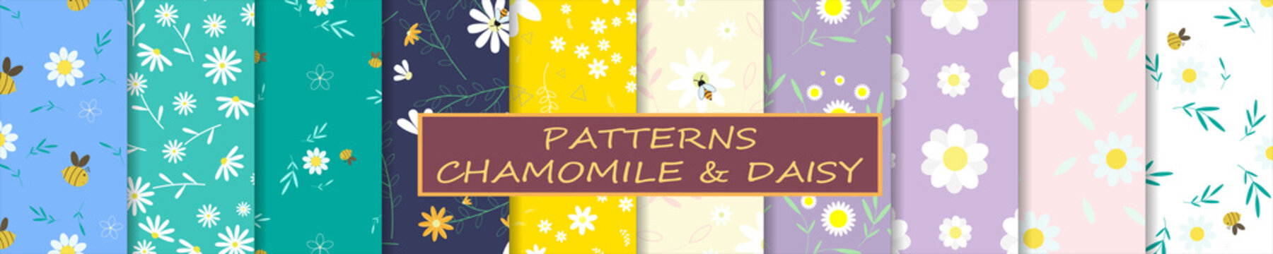 Chamomile, daisy, bee patterns. A big set of 10 seamless  floral patterns. Repeating spring endless background for textile, fabric, cloth, wallpaper. Design for children, kid and baby. Vector 