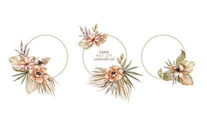 Wedding dried lunaria, orchid, pampas grass floral wreath. Exotic dried flowers, palm leaves boho invitation card. Watercolor template frame, save date, modern poster, trendy design. Circle frame