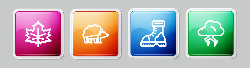 Set line Leaf or leaves, Hedgehog, Waterproof rubber boot and Storm. Colorful square button. Vector