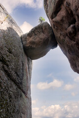 Falling stone of Lion gate rock in Stolby Nature Reserve, Krasnoyarsk