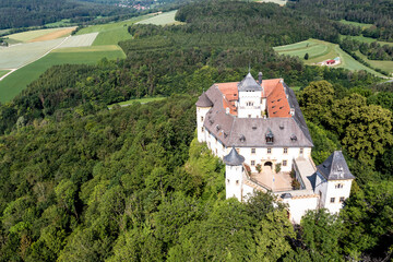 Fototapeta na wymiar Aerial view, Greifenstein Castle, Franconian Switzerland, Upper Franconia, Bavaria, Germany,