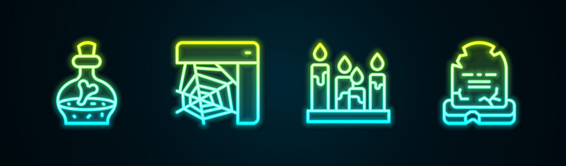 Set line Bottle with potion, Spider web, Burning candle and Tombstone RIP written. Glowing neon icon. Vector