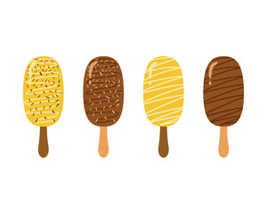 Chocolate ice cream on a wooden stick on an isolated white background. Vector illustration