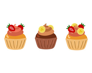 Cupcakes with banana and strawberry and cream frosting isolated on white. Pink and yellow cakes for the holidays. Vector illustration.