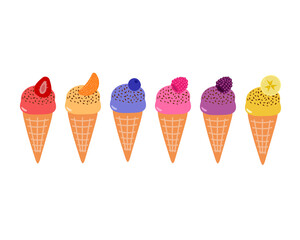 Vector collection of colorful ice cream of different flavors: strawberry, tangerine, blueberry, raspberry, blackberry, banana. Illustration on white background.