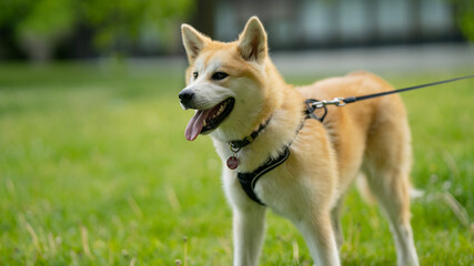 happy dog laying in grass in summer