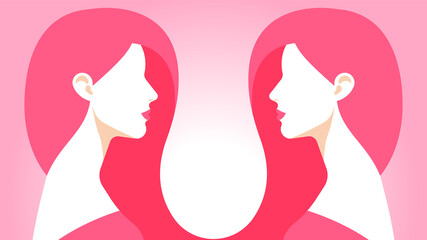 Two twins look at each other. Identical women with long pink hair. Female portraits, side view, head and shoulder. The concept of identity, similarity, reflection. Abstract vector illustration.