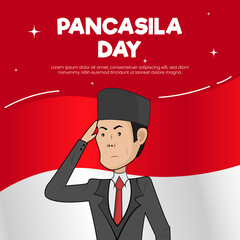 Pancasila day background with respectful character and indonesian flag. Hari Lahir Pancasila. Flat style vector illustration of Indonesia independence day