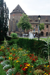 Centrum starego miasta w Colmar, Alzacja, zielony park nad kanałem. - obrazy, fototapety, plakaty